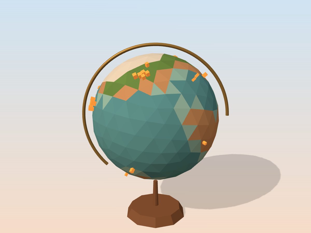 A toy globe of Earth with small glowing AI buildings
